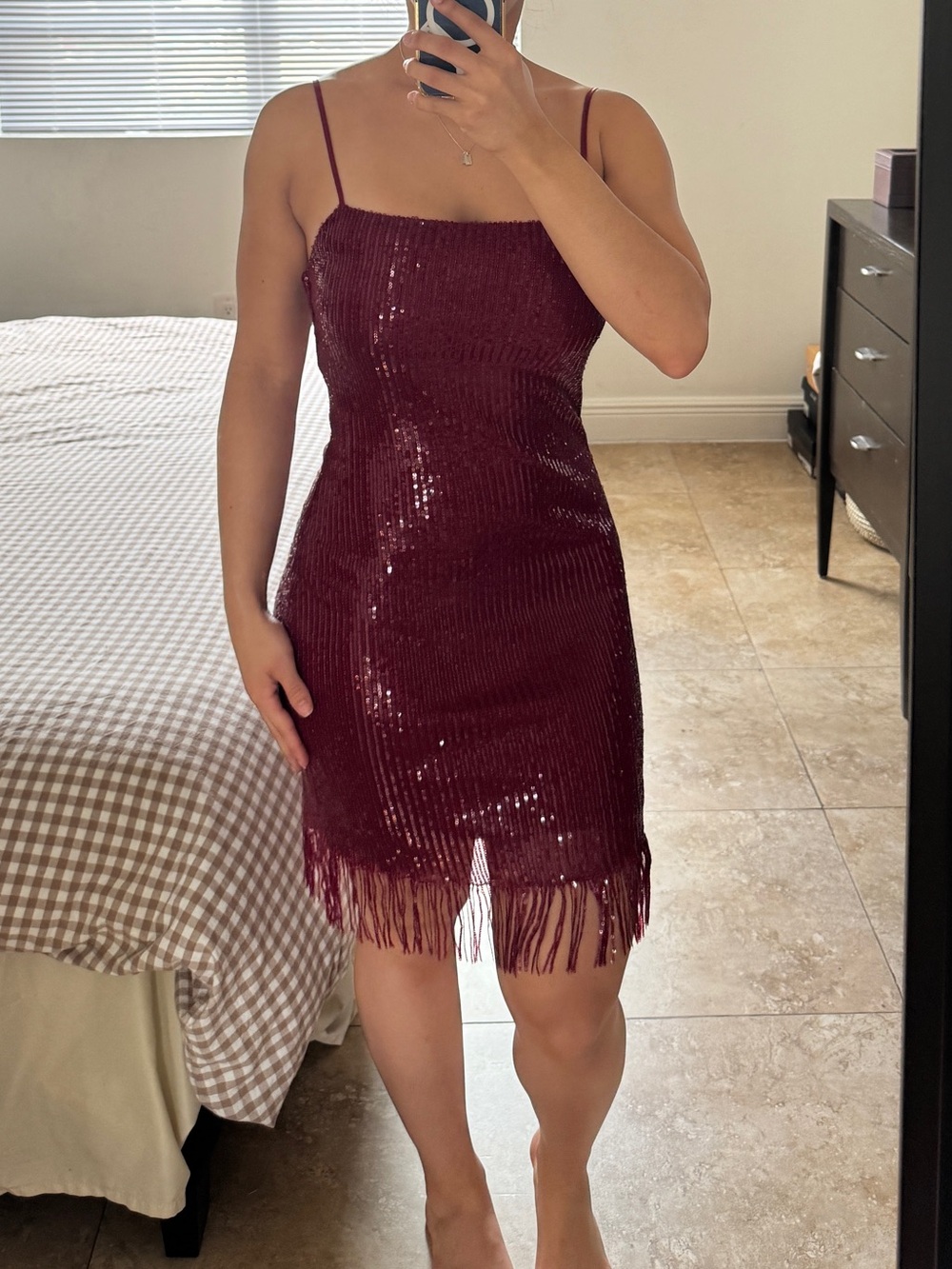 TRIXX Burgundy Sequin Fringe Mini Dress Size Small S Cocktail Holiday Party NYE
